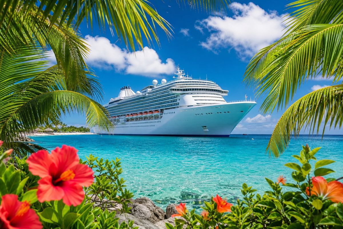 Cruise ship anchored in turquoise Bahamas water, framed by palm trees and hibiscus