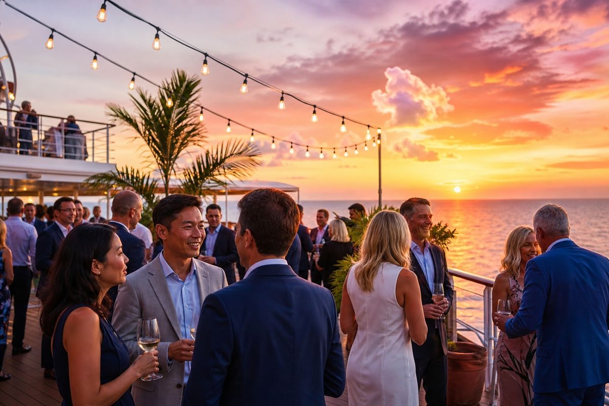Sunset networking reception on the ship's deck